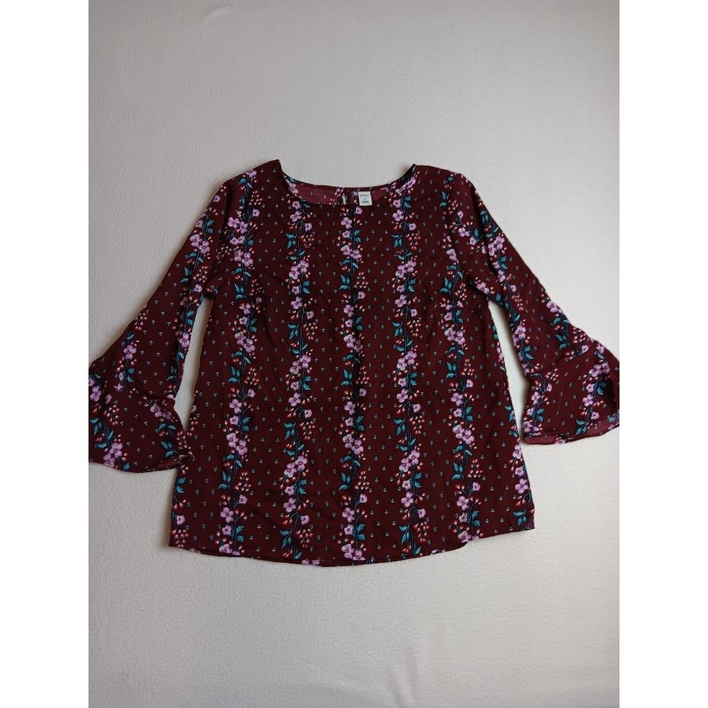 Old Navy Womens S Burgundy Floral Bell Sleeve Blouse Boho Keyhole Top Long
